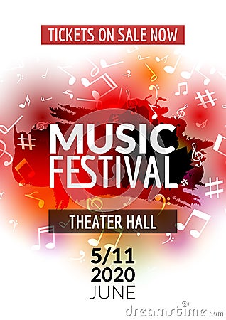 Colorful vector music festival concert template flyer. Musical flyer design poster with notes Vector Illustration