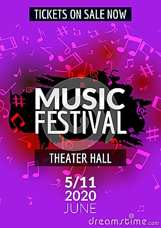 Colorful vector music festival concert template flyer. Musical flyer design poster with notes Vector Illustration