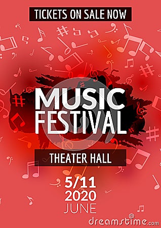 Colorful vector music festival concert template flyer. Musical flyer design poster with notes Vector Illustration