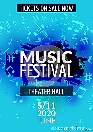 Colorful vector music festival concert template flyer. Musical flyer design poster with notes Vector Illustration