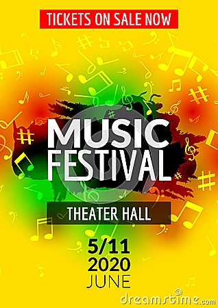 Colorful vector music festival concert template flyer. Musical flyer design poster with notes Vector Illustration