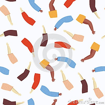 Colorful vector pattern with illustration of a people`s hands with different skin color together. Race equality, diversity, Cartoon Illustration