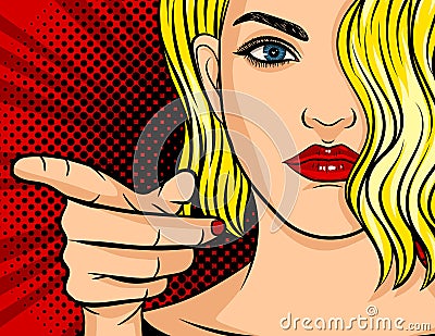 Colorful vector poster in pop art style. The girl points her finger at you. Beautiful young woman with red lips and blond hair sho Vector Illustration