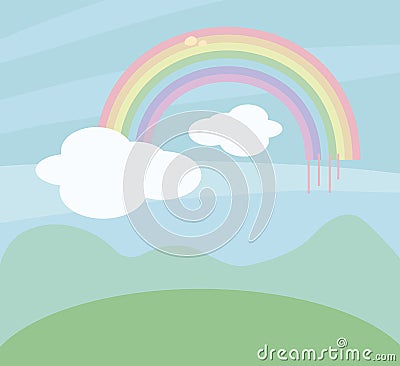 Colorful vector rainbow pattern on the background of blue sky with white clouds above the contour of the mountains and meadows Vector Illustration