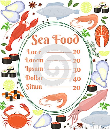 Colorful vector seafood menu poster Vector Illustration