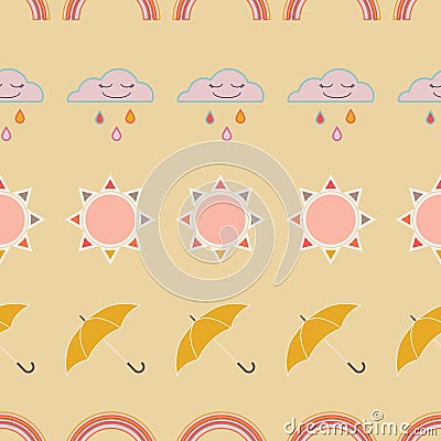 Vector repeat seamless pattern with clouds, rain, rainbow, sun and umbrellas. Vector Illustration