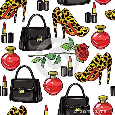 Colorful vector seamless pattern of female wardrobe items. Handbag, high-heeled shoes, perfume, flower, lipstick, isolated from wh Stock Photo