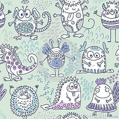 Colorful vector seamless pattern with funny monsters Vector Illustration