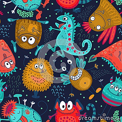 Colorful vector seamless pattern with funny monsters Vector Illustration