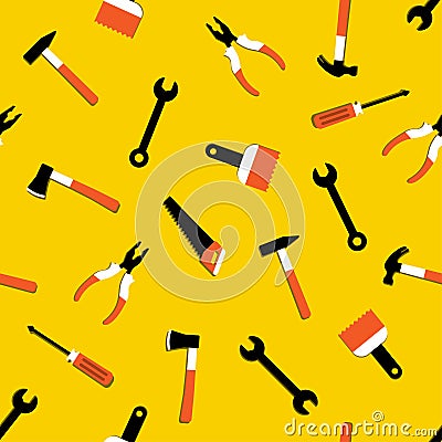 Vector seamless pattern with hammer, nail puller, axe, saw, pliers, paintbrush, screwdriver. Home repair and work tools sign Vector Illustration