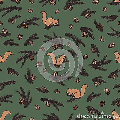 Colorful vector seamless pattern with squirrels, fir branches and pine cones. Vector Illustration