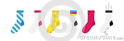 Colorful vector socks icons with different ornaments set, collection. Clean and dirty socks Vector Illustration