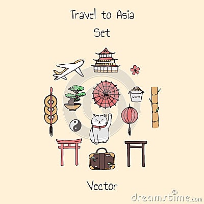 Colorful vector travel to asia set. Includes plane, suitcase and oriental elements Vector Illustration