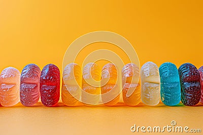 Colorful vegan jelly candies assortment on a vibrant yellow background Stock Photo