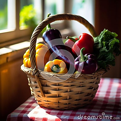 Colorful Vegetable Bundle with Wooden Basket Stock Photo