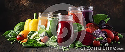 Colorful vegetable juices and smoothies from tomato, carrot, pepper, cabbage, spinach, beetroot in bottles on kitchen table, vegan Stock Photo