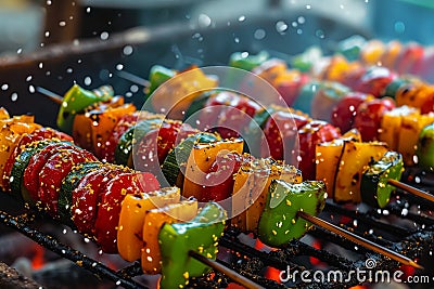 Colorful vegetable skewers grilling on a barbecue Stock Photo