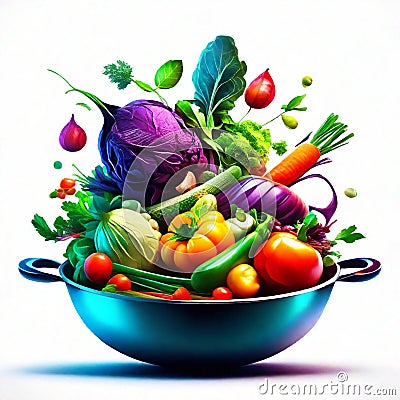 Colorful vegetables in a blue colander on a white background. AI generated Stock Photo
