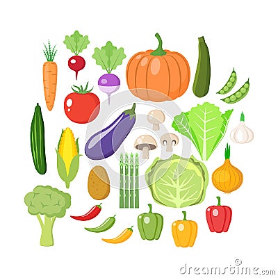 Colorful vegetables clipart set. Vegetable colored cartoon collection. Vector Illustration