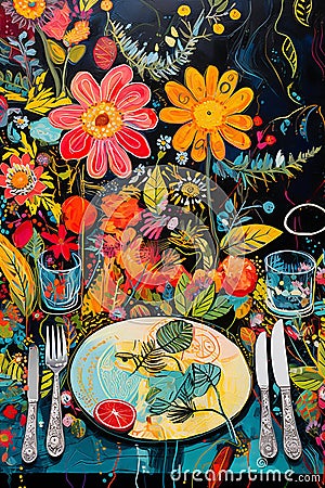 Colorful vertical oil painting of a table with cutlery on floral background. Cafe poster in art-brut style, food art Stock Photo