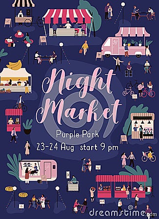 Colorful vertical poster for night market with a place for text. Many people walking and buying goods at nighttime fair Vector Illustration