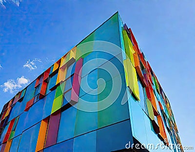 A colorful and vibrant abstract skyline of neon skyscrapers glowing at Stock Photo