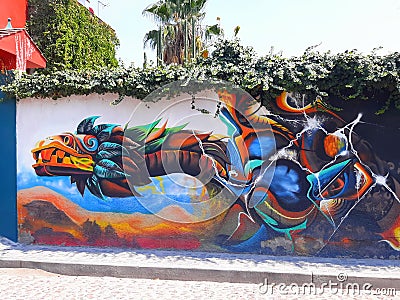 Colorful vibrant abstract tribal street mural in san miguel allende Editorial Stock Photo