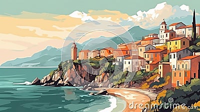 Colorful, vibrant landscape of the Italian coast, village, against the backdrop of the sea and mountains, generative ai tools Cartoon Illustration