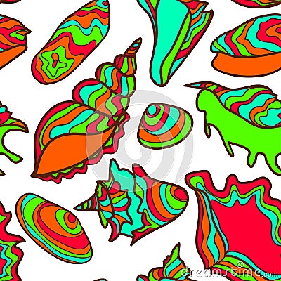 Colorful vibrant seamless seashell pattern Vector Illustration