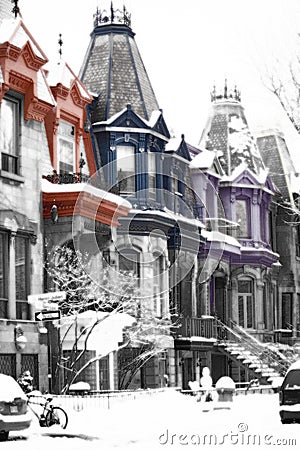 Colorful victorian houses in Montreal during winte Stock Photo