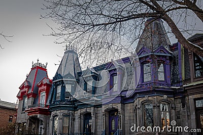 Colorful Victorian Houses in Square Saint Louis - Montreal, Quebec, Canada Stock Photo