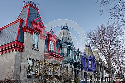 Colorful Victorian Houses in Square Saint Louis - Montreal, Quebec, Canada Stock Photo