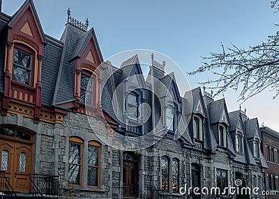 Colorful Victorian Houses in Square Saint Louis - Montreal, Quebec, Canada Stock Photo