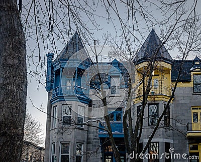 Colorful Victorian Houses in Square Saint Louis - Montreal, Quebec, Canada Stock Photo