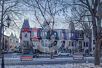 Colorful Victorian Houses in Square Saint Louis - Montreal, Quebec, Canada Stock Photo