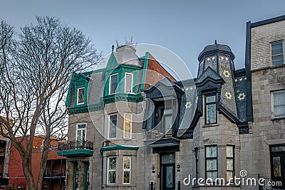 Colorful Victorian Houses in Square Saint Louis - Montreal, Quebec, Canada Stock Photo