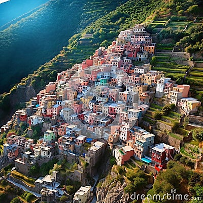 Colorful village of Manarola in Cinque Terre, Italy Cartoon Illustration