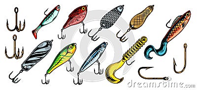 Colorful vintage fishing baits collection Vector Illustration
