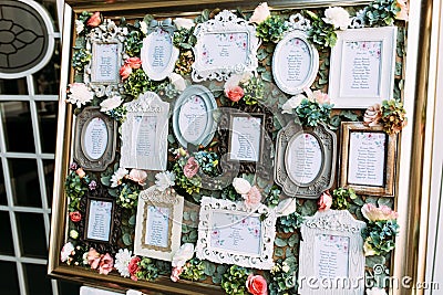 Colorful vintage frames with the list of the wedding guests Stock Photo