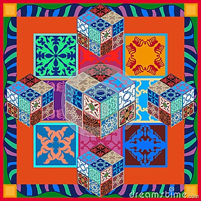 Colorful vintage tiles with floral and geometrical patterns. Vector Illustration