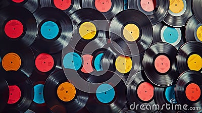 Colorful Vinyl Record Wall Stack Music Collection Display Arts Stock Photo