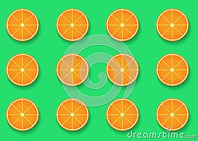 Colorful vivid background color with top view orange fruit slices pattern. Vector trendy modern pop art design Vector Illustration