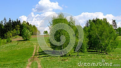 View on hills meadows, village road and single trees near ChabÃ³wka in Poland Stock Photo