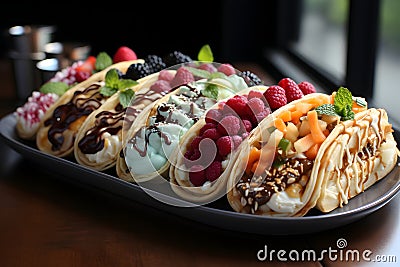 Colorful waffle tacos with vibrant fruits and creamy ice cream Stock Photo