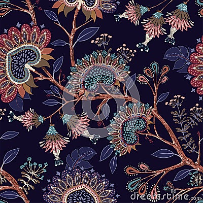 Colorful wallpaper with paisley and decorative plants. Vector Indonesian floral batik. Vector decorative indian Vector Illustration