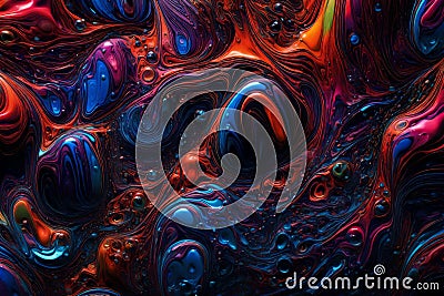 Colorful water bubbles floating in a dark, glowing liquid. Abstract background featuring a vibrant array of bubbles in various Stock Photo
