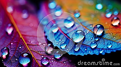 colorful water droplets on flower petal wallpaper background. The liquid spectrum of droplets in macro detail Stock Photo