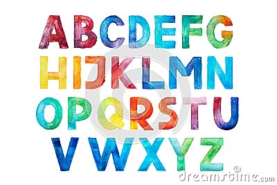 Colorful watercolor aquarelle font type handwritten hand draw abc alphabet letters. Stock Photo