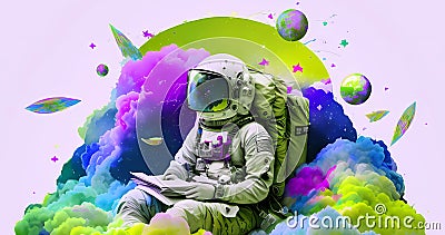 Colorful watercolor backdrop with cosmonaut in clouds with book Stock Photo