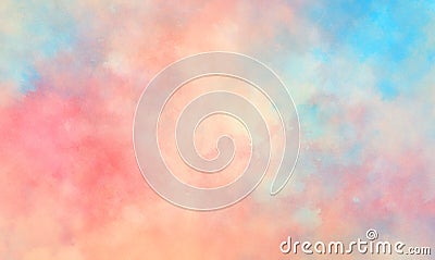 Colorful watercolor background of abstract sunset sky with puffy clouds in bright painted colors of pink blue and white Stock Photo